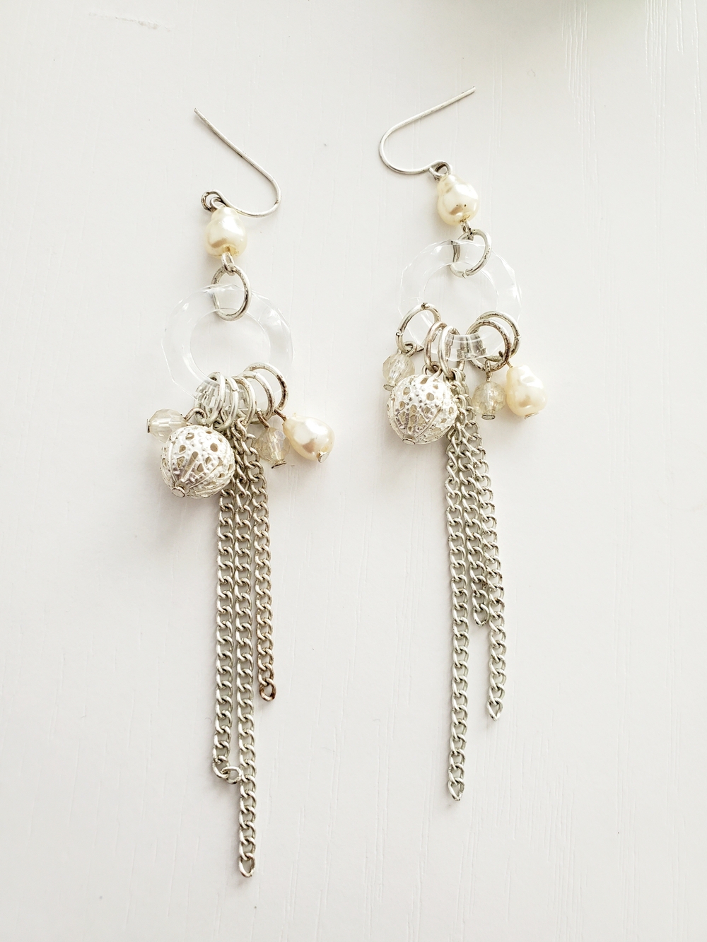 Bohemian Silver Chain Fringe Tassel Cluster Dangle Pearl Earrings